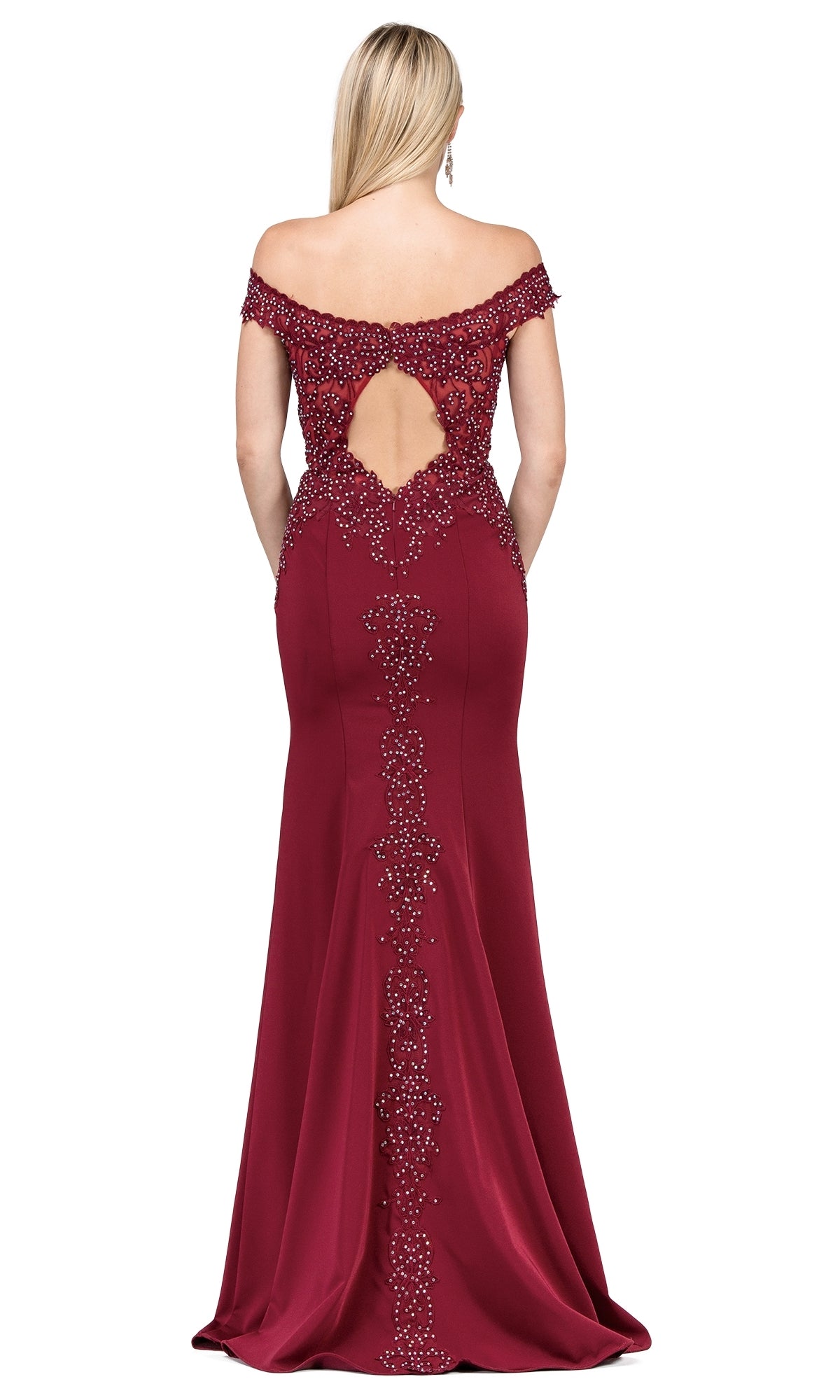 A woman is seen from behind in the Off-Shoulder Long Prom Dress with Beads, featuring a beaded bodice, floor-length skirt, and a striking back cutout.